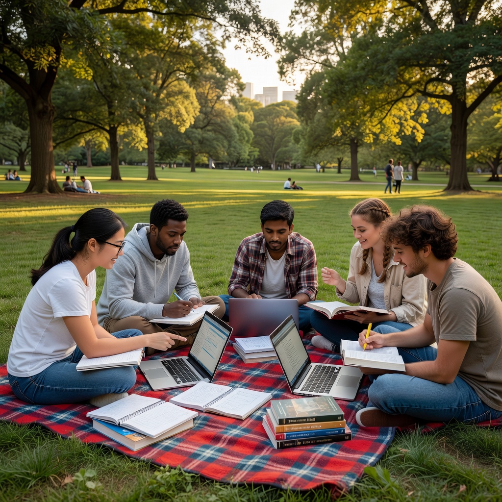 Estudiantes aprendiendo en el parque